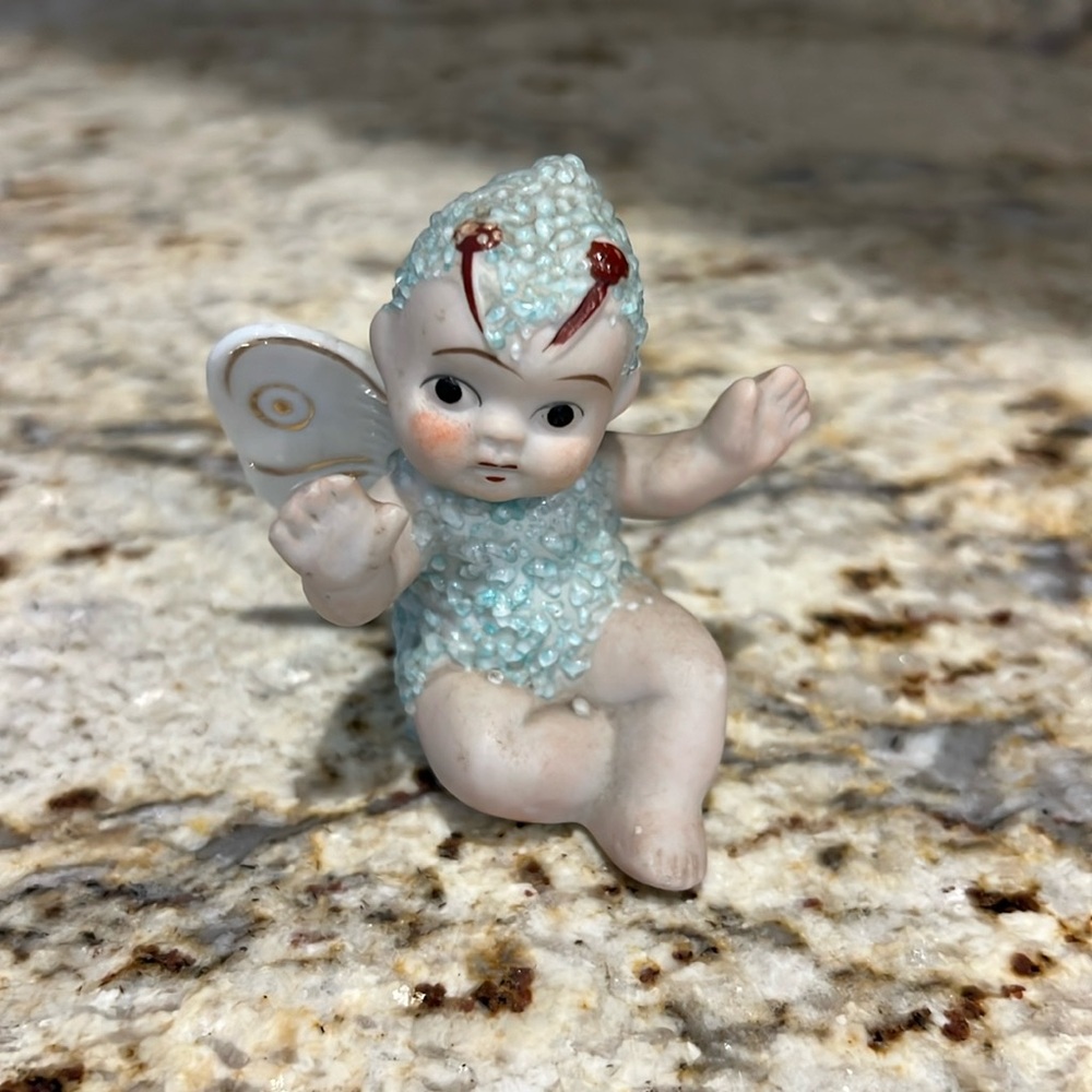 Antique Vintage green Sugared Pixie Fairy Baby Butterfly Figurines Made in Japan